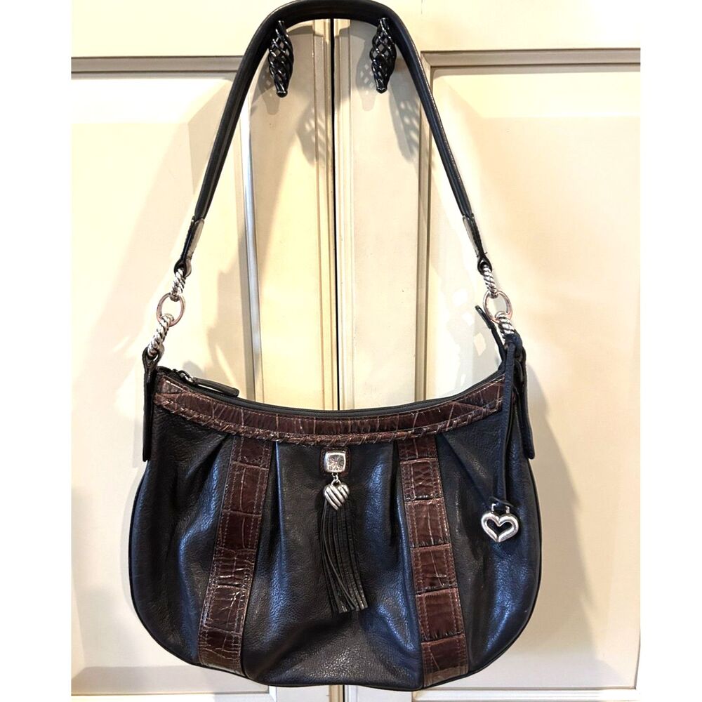 Brighton Vintage Black Leather and Croc-Embossed Handbag